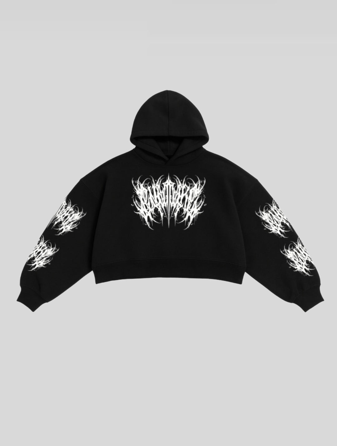 R1TUΛL_ Distressed Cropped BLXCK Hoodie (FACTORY DEFECT CLEARANCE - See Description)